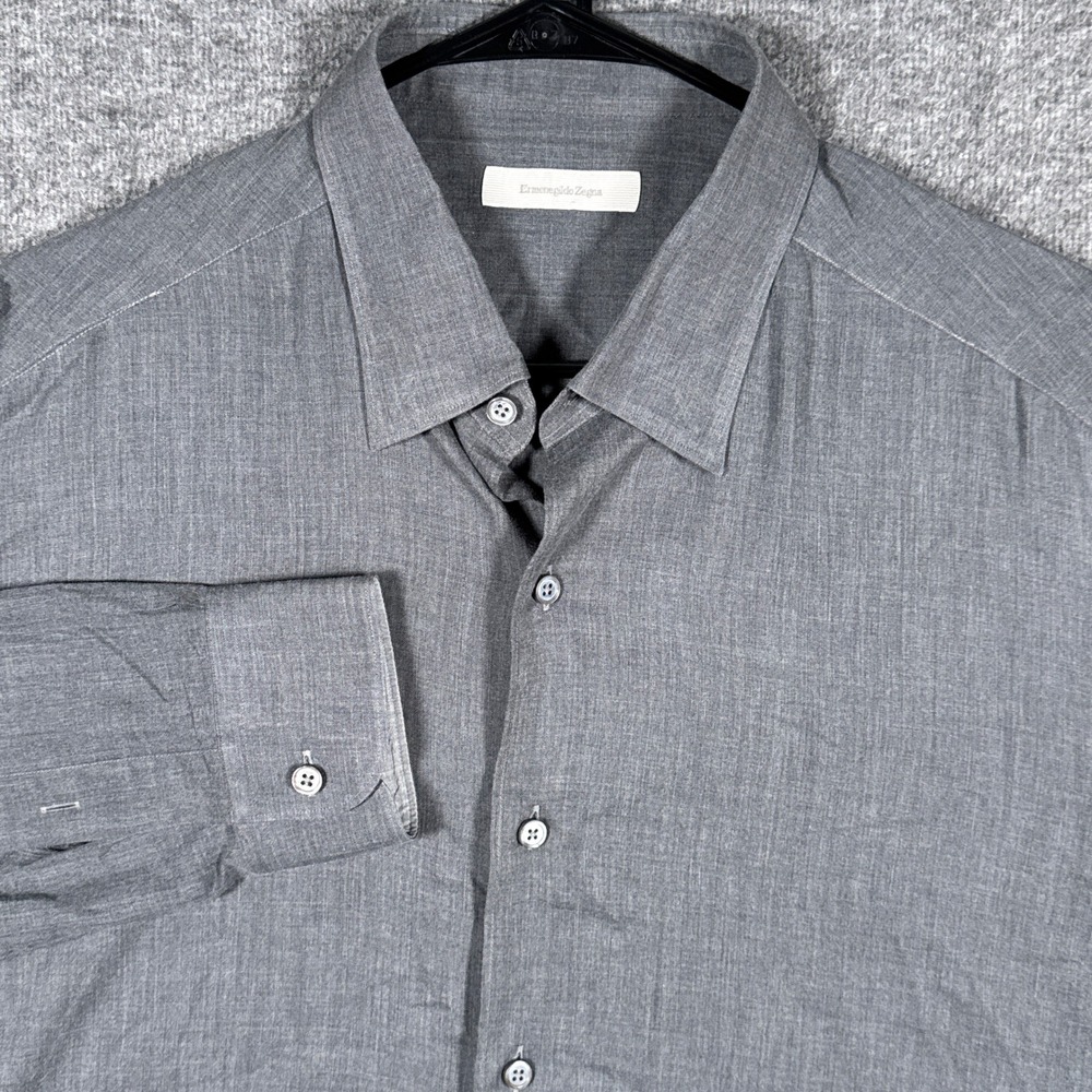 Ermenegildo Zegna Shirt Mens XL Gray Cotton Long Sleeve Button Down Herringbone